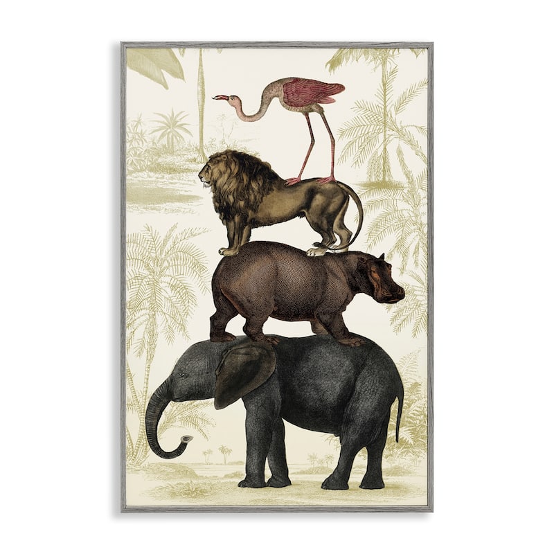 Stupell Jungle Animals Tower Framed Giclee Art Design By Victoria Barnes - 20 x 30 - Grey