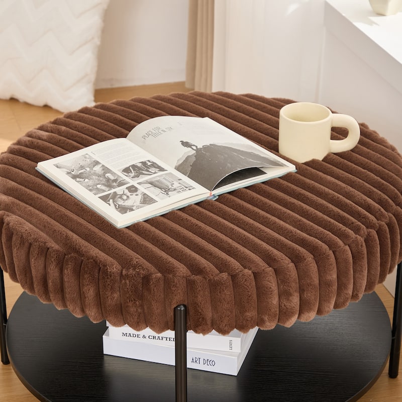 Round Faux Fur Ottoman with Storage and Sturdy Metal Legs – Soft Upholstered Footrest or Coffee Table - 30.9" x 30.9" x 17.7"
