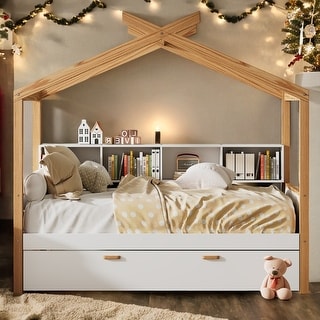 White Full Size Kids Bed House Bed with Twin Size Trundle and Bookshelf
