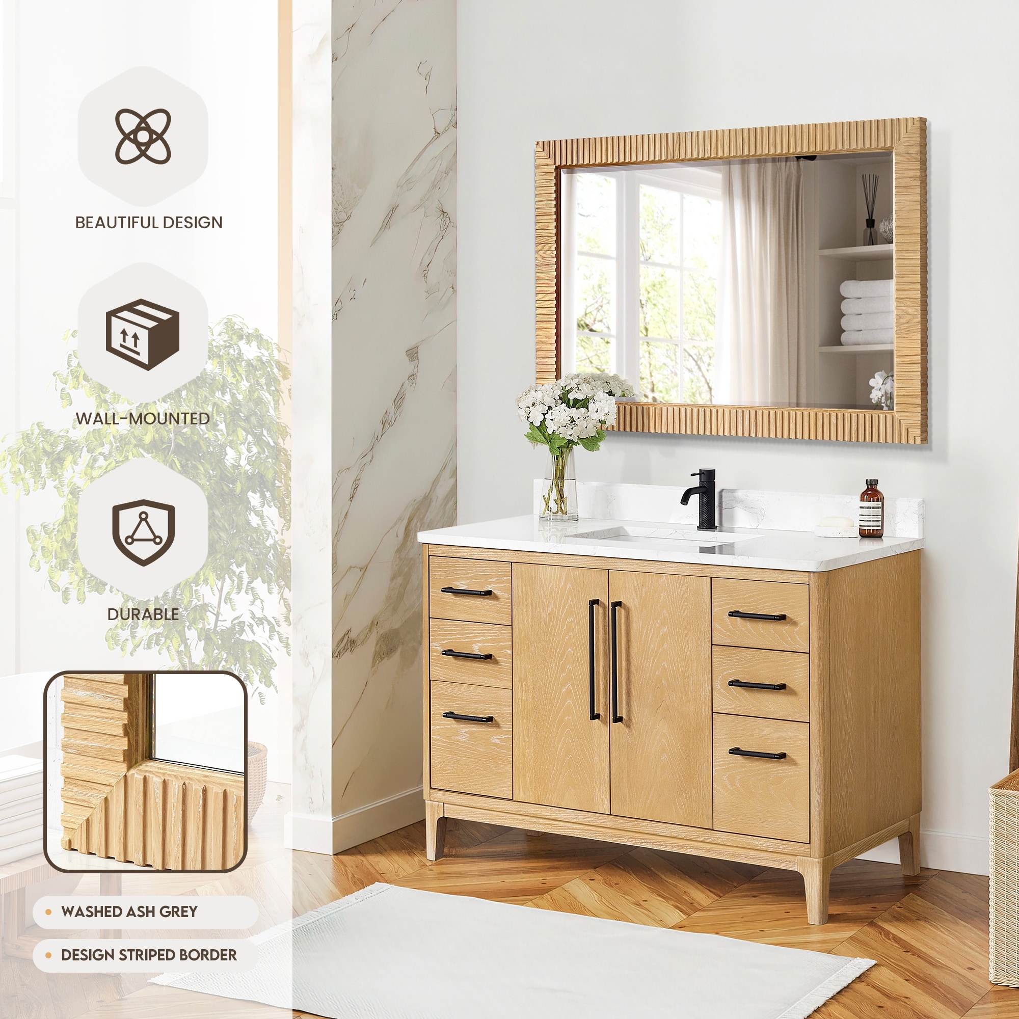 Osaka Rectangular Wood Framed Wall Bathroom Art Mirror - On Sale
