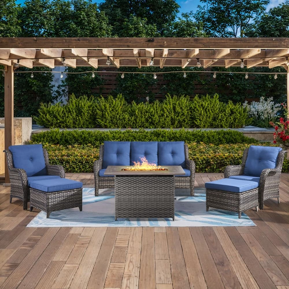 Gymojoy 6-Piece Outdoor Wicker Patio Furniture with Fire Pit Table, Rattan Coversation Set with Water Resistant Thick Cushions