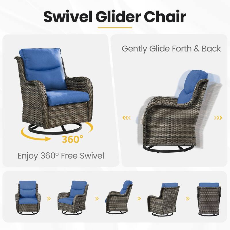 Outdoor Swivel Patio Chair with Coffee Table- Blue cushion - Grey
