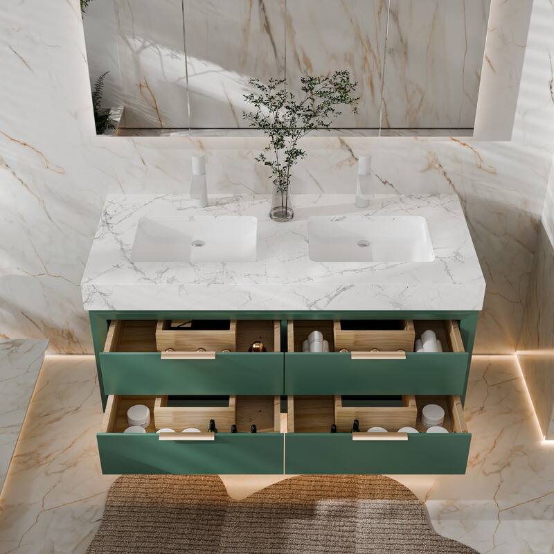 Modland 48" Floating Double Sink Bathroom Vanity with White Stone Countertop, Soft-Close Drawers, LED Lighting