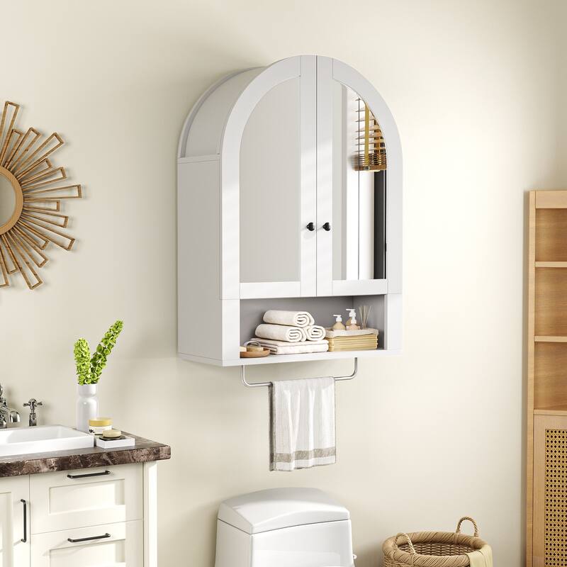 Wall Mounted Arched Cabinet with Mirrored Doors and Adjustable Shelves for Laundry Room, Bathroom, Kitchen