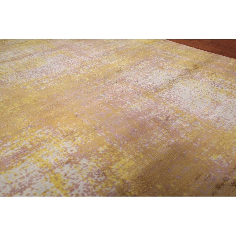 Contemporary Indian Area Rug Handmade Abstract Yellow Wool Carpet - 5'0" x 7'11"