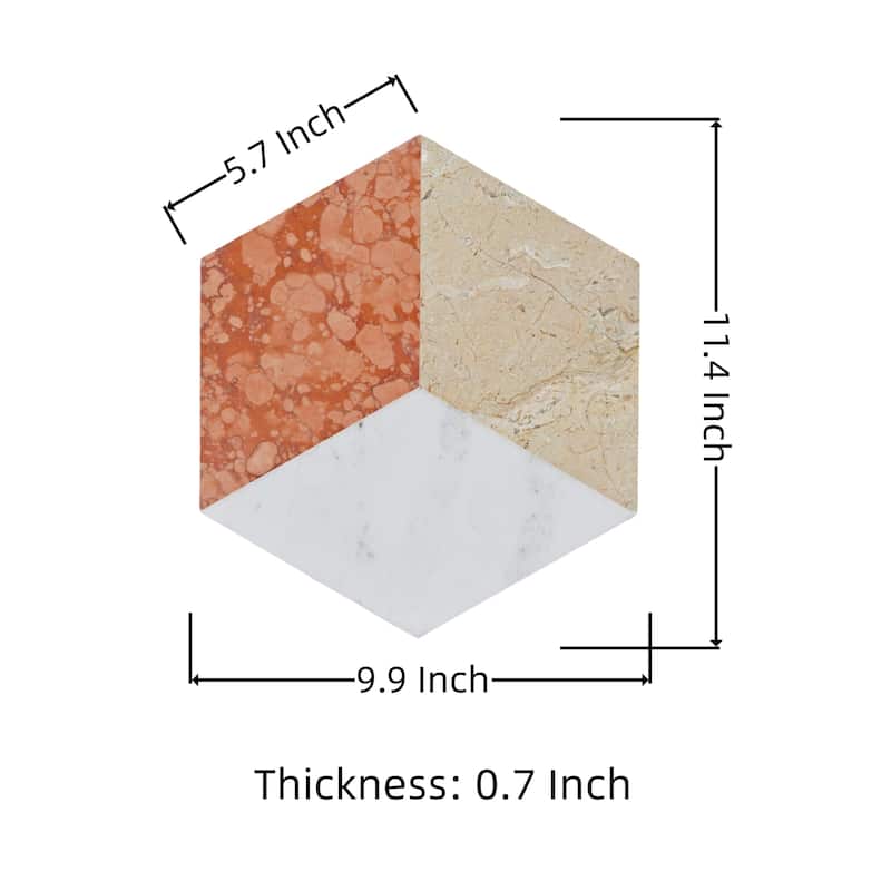 Roomfitters Hexagon Waterjet Marble Tile for Wall and Floor, Polished Natural Stone Mosaic, 12-Piece Box, White Gold Red