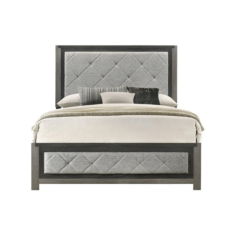 Linen Upholstered Bed with Lozenge Design in Gray