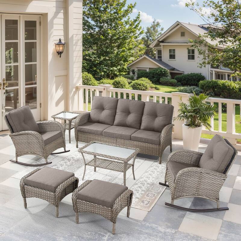 7-Piece Sofa with Rocking Chairs Ottomans and Table Set - Grey - Grey