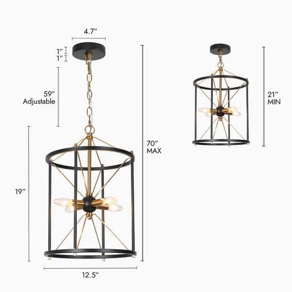 Modern Black Gold 4-Light Lantern Geometric Chandelier Open Cage Island Pendant Ceiling Light - D12.5" x H 19"