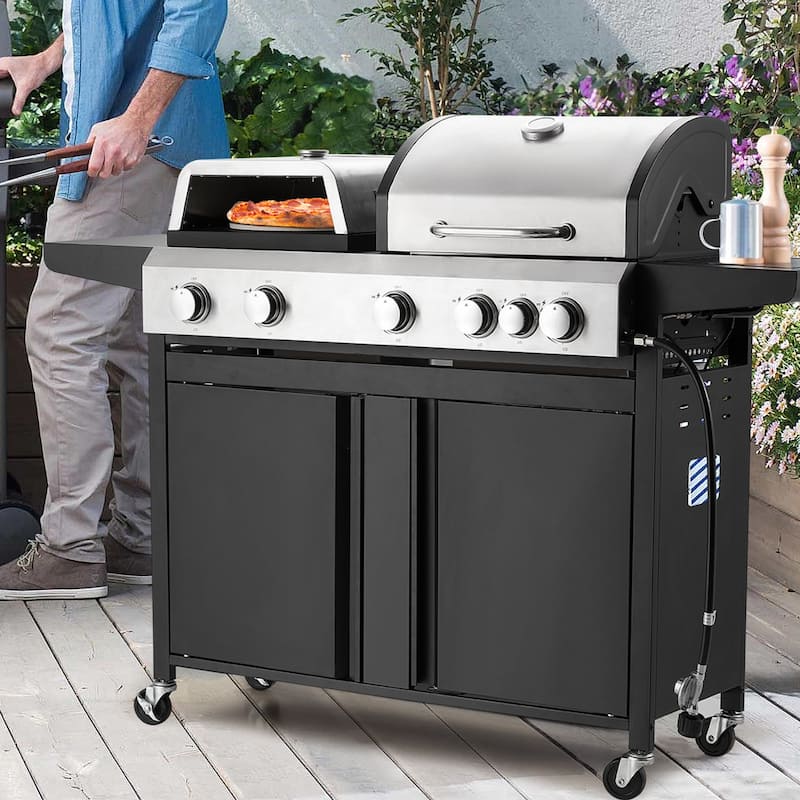 Outdoor Propane Gas Grill with Pizza Oven, 4+1 / 5+1 Burners, Side Burner, Removable Grates, Stainless Steel BBQ Grill