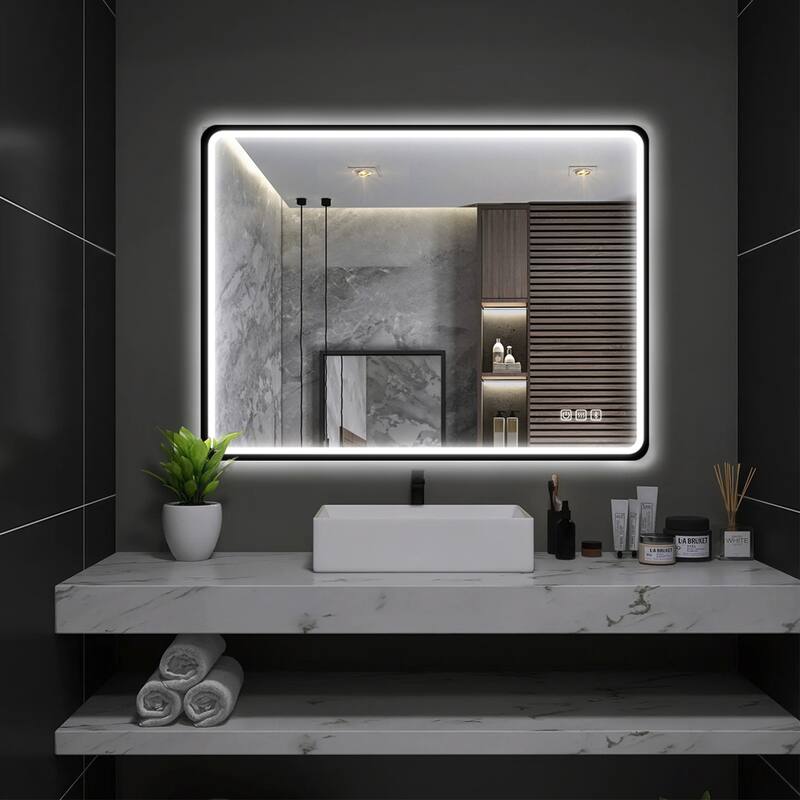 23.62 in. W x 31.49 in. H Rectangular Black Framed Anti-Fog Dimmable LED Lighted Wall Mounted Bathroom Vanity Mirror - Silver - Silver