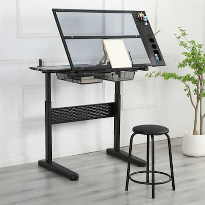 Adjustable Drawing Desk with 2 Metal Drawers and Stool