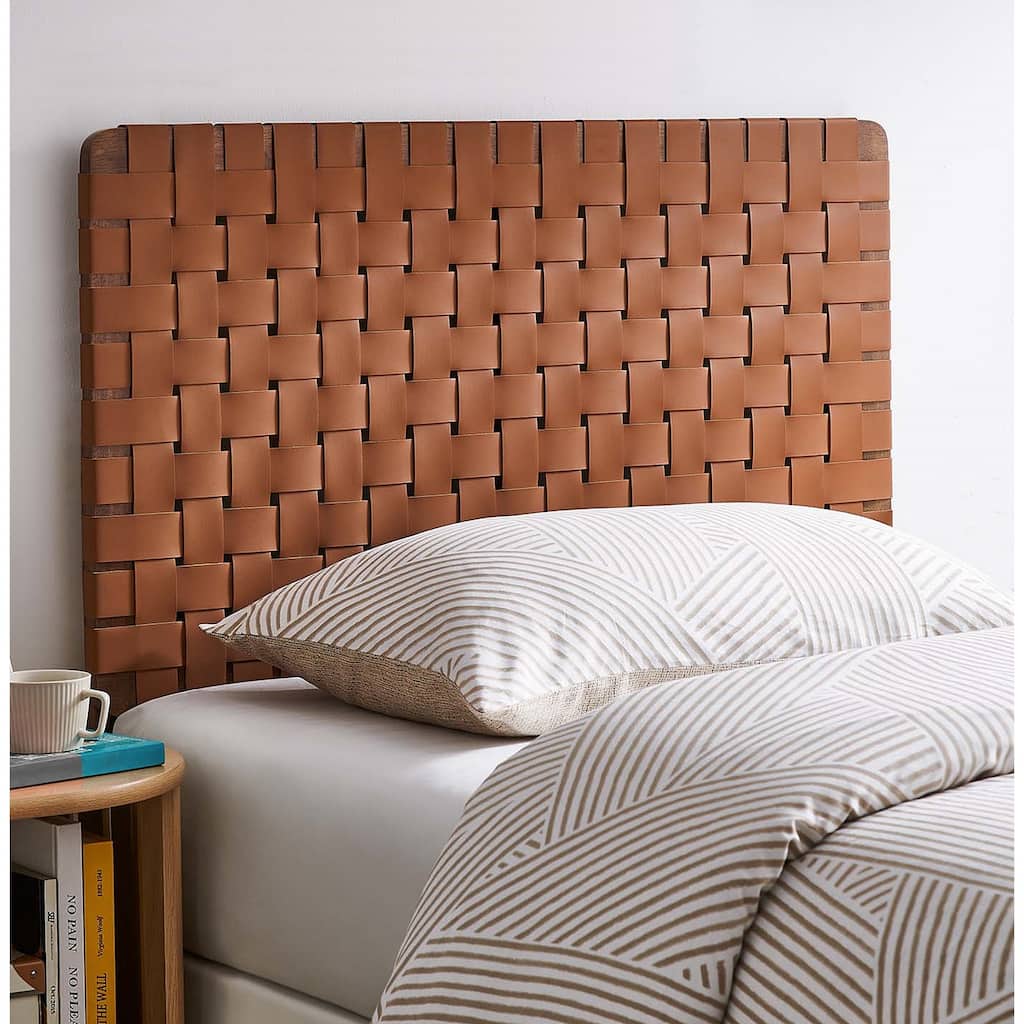 Ditmas Solid Wooden Brown Leather Basket Weaved Twin Size Headboard