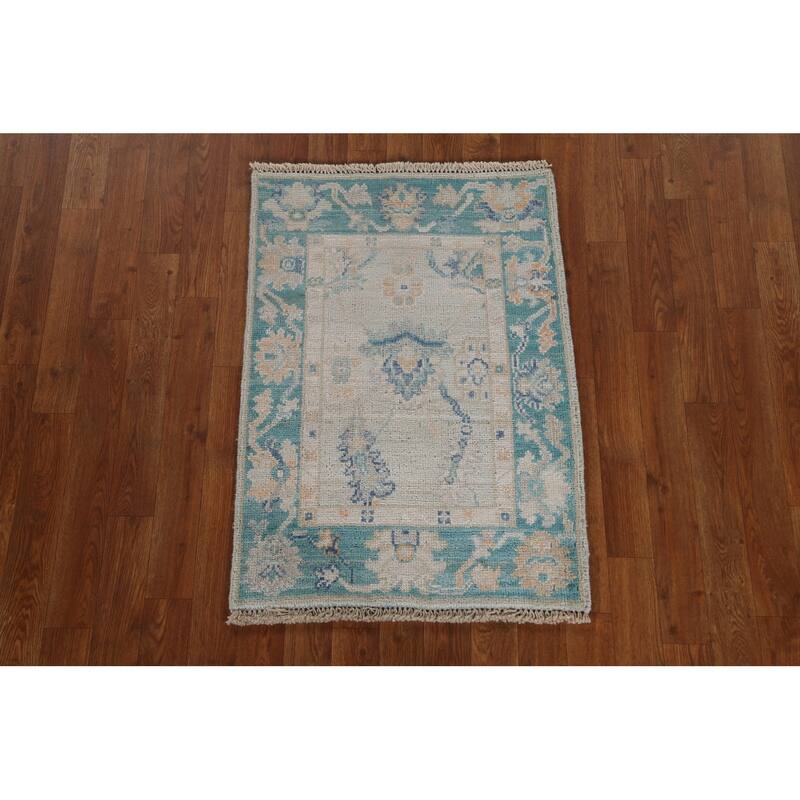 Hand Knotted Oriental 100% Wool Carpet Transitional Geometric Green Oushak Area Rug - 2' 11'' X 1' 11''