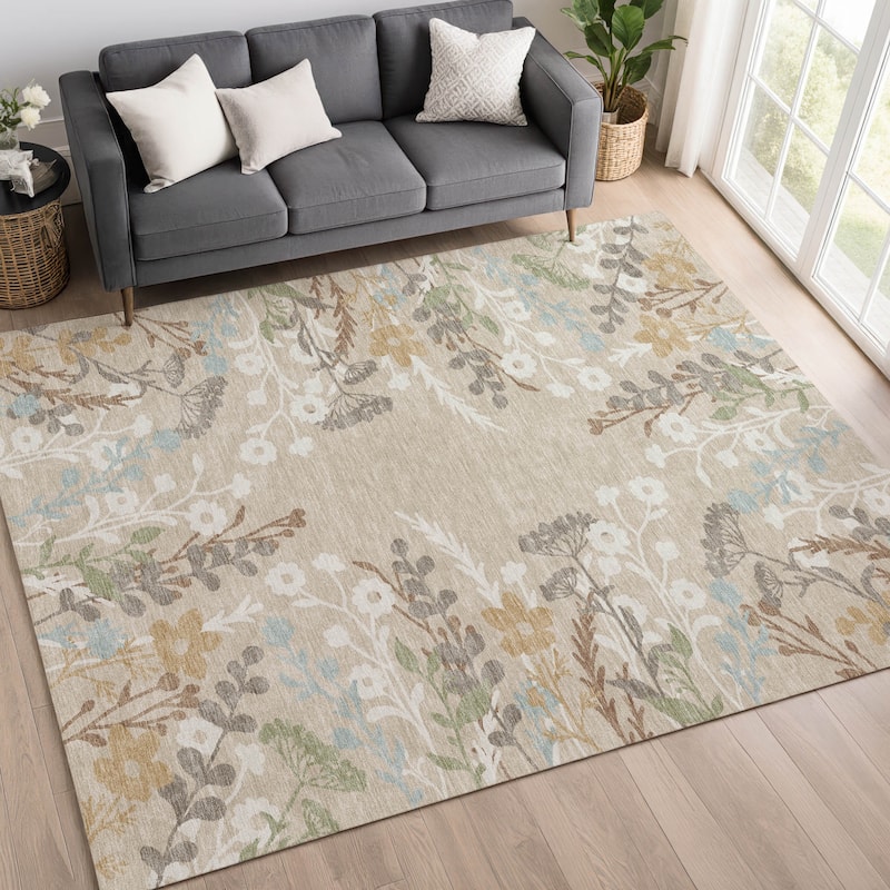 Machine Washable Indoor/ Outdoor Floral Border Chantille Rug