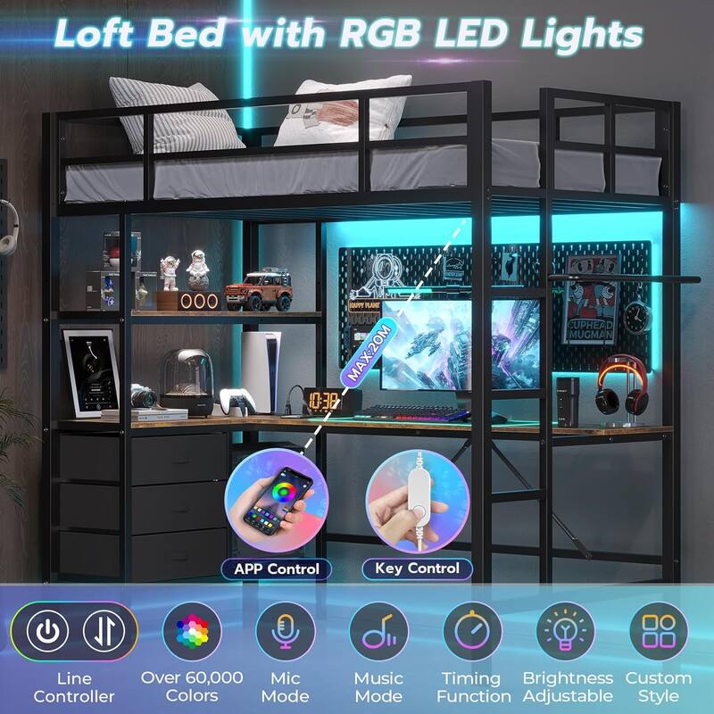 Loft Bed with L-Shaped Desk Charging Station Metal LED Lights 3 Fabric Drawers