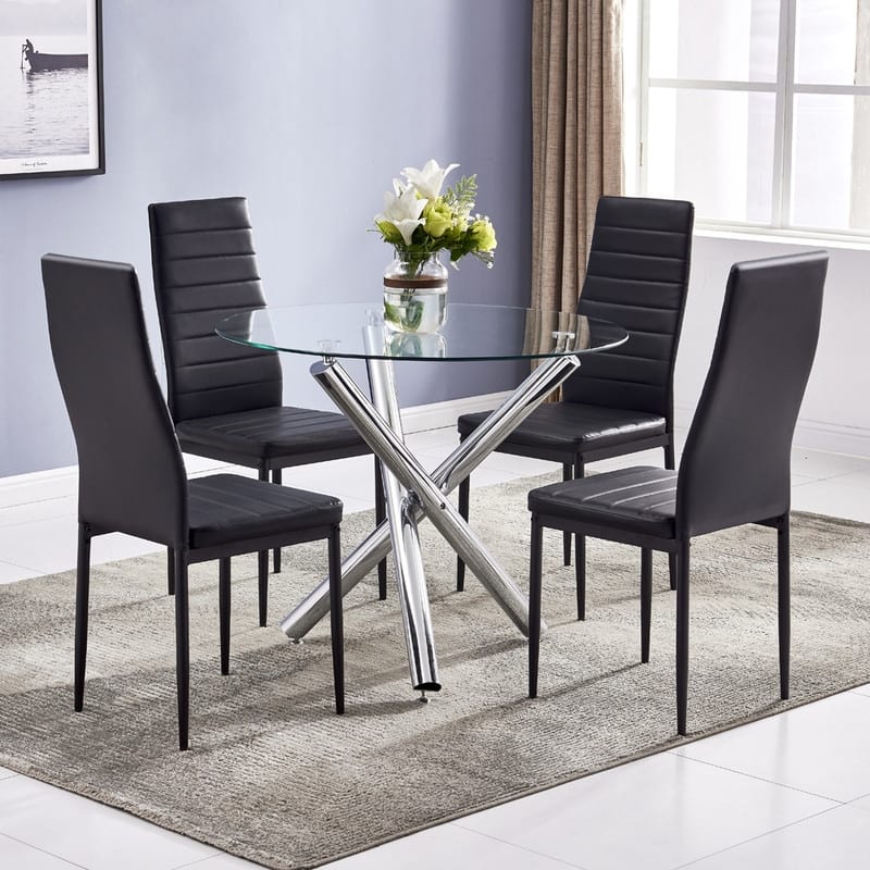 Modern Tempered Glass Table and Upholstered Chair 5-piece Dining Set - Black02 Chairs