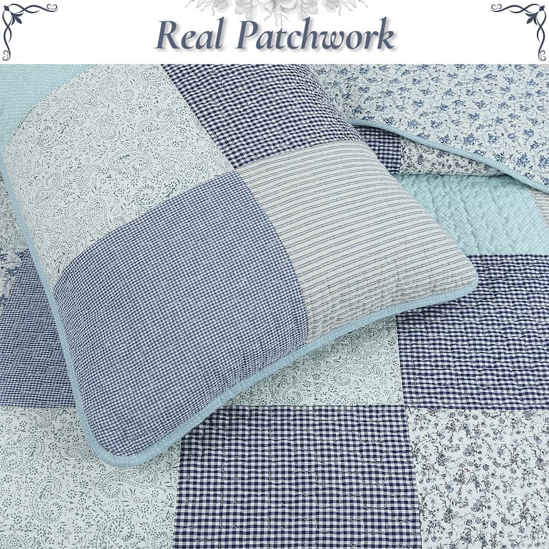 Cozy Line Subtle Blue Checker Cottage Floral Stripe Cotton 3 Piece Patchwork Quilt Bedding Set