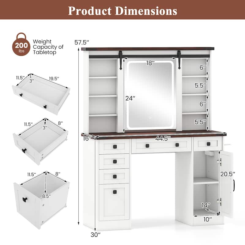 Farmhouse White Makeup Vanity Desk with Sliding Lighted Mirror Charging Station and Ample Storage Drawers and Shelves