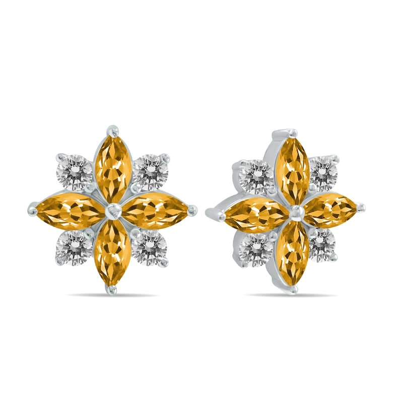 Marquee 1 Carat TW Blue Topaz and Diamond Flower Earrings in 10K White Gold