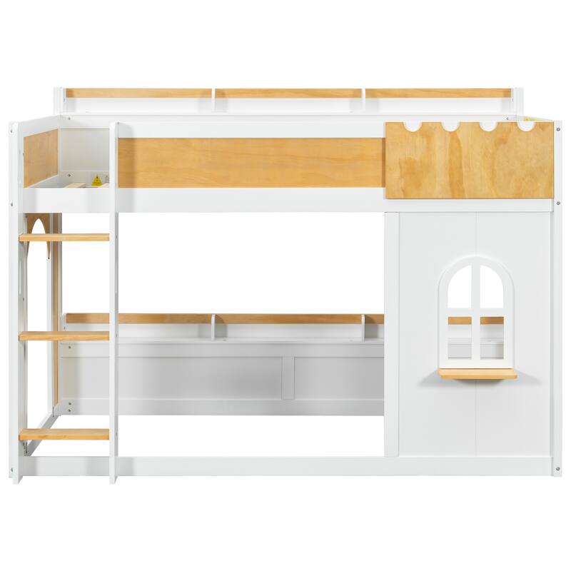 Roomfitters Twin Over Twin/Full Over Full Bunk Bed with Window, Two Doors and Storage Shelves, Natural and White