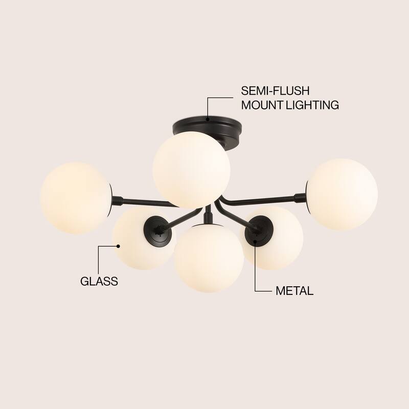 24" 6-Light Globe Modern Industrial Iron Bistro LED Semi Flush Mount, By JONATHAN Y