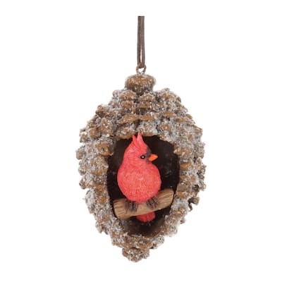 Frosted Pine Cone with Cardinal Christmas Ornaments - 4.5" - Brown - 6ct