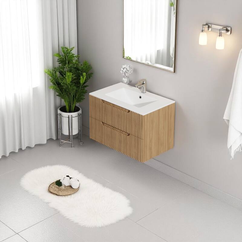 30" Wall-Mounted Bathroom Vanity with Drop-In Ceramic Sink, MDF Cabinet, Modern Floating Design - Faucet Not Included
