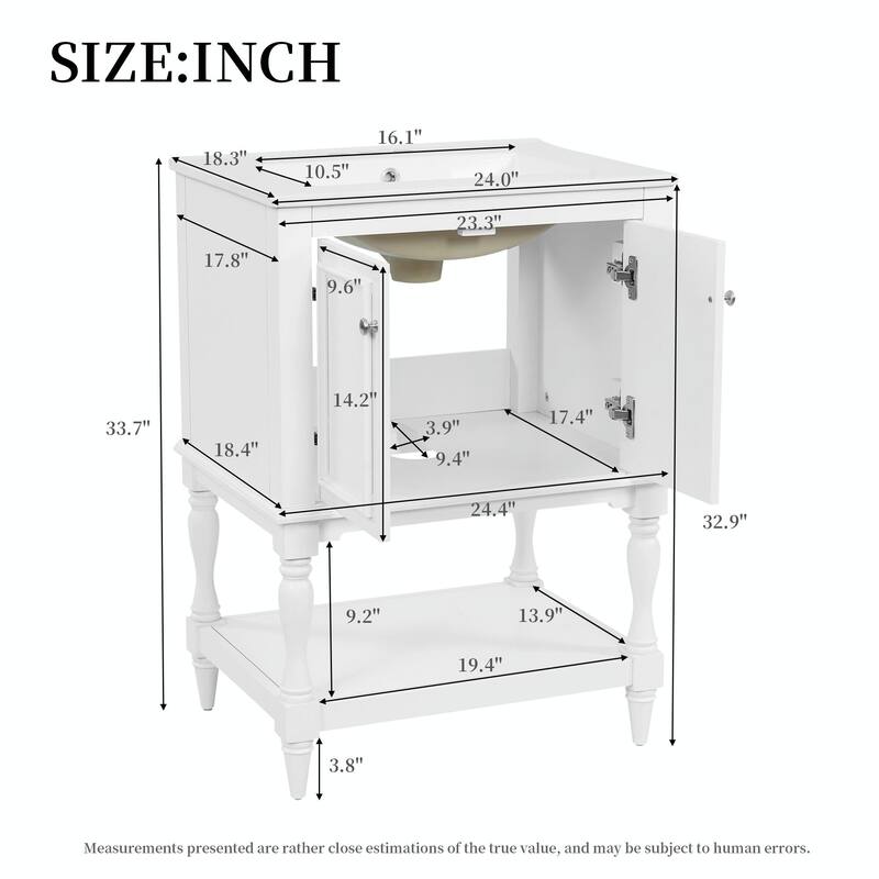 24" Modern Luxury Bathroom Vanity with Ceramic Sink, Freestanding Cabinet with Open Shelf and Enclosed Storage