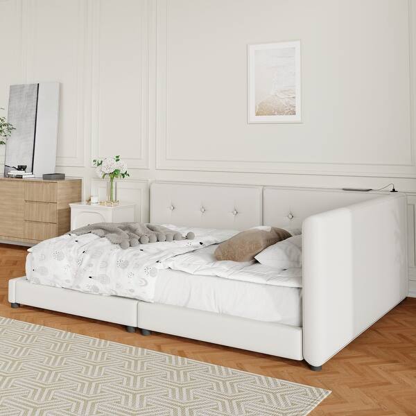 slide 2 of 13, Beige Queen Size Upholstered Platform Bed w/ USB Ports Wood Ground Bed Beige - Queen