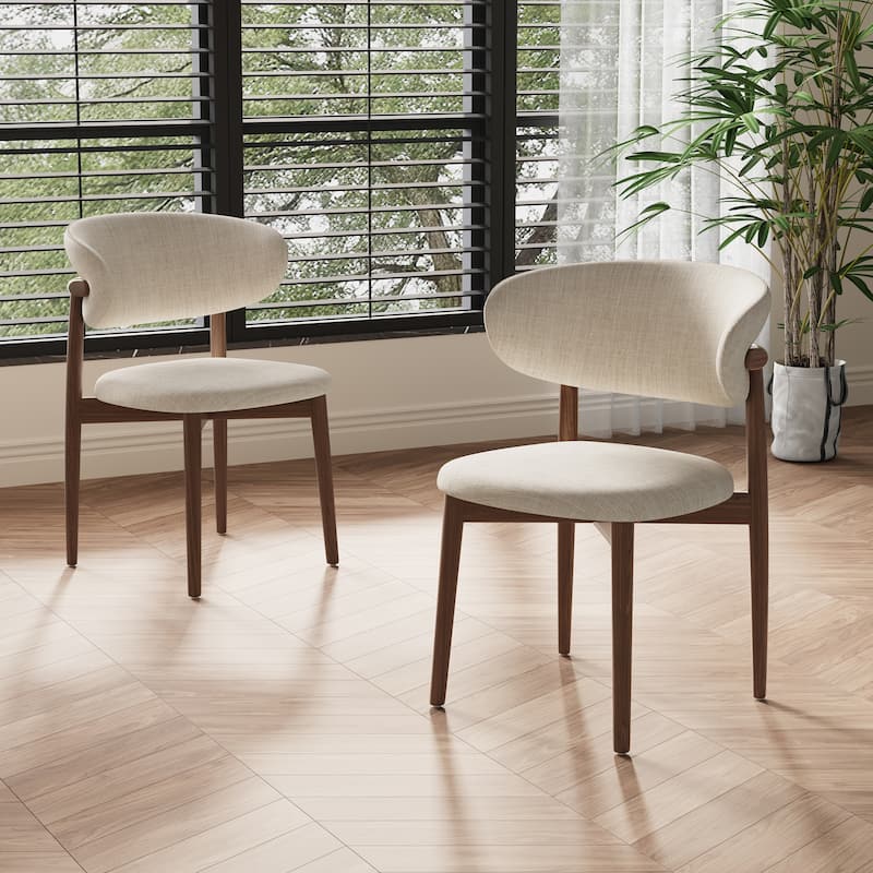 Mid-Century Dining Chair, Solid Wood Legs, Kitchen Chairs with Beige Cotton & Linen Fabric, Fully Assembled
