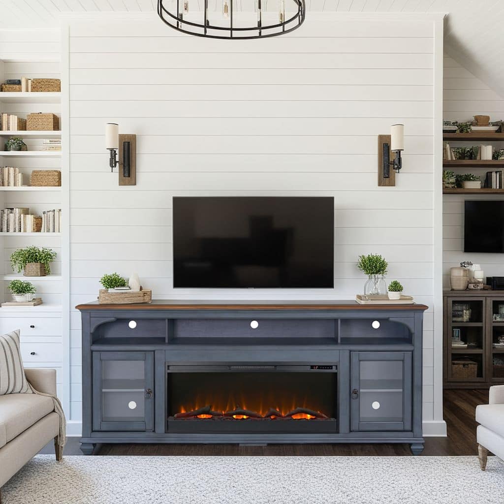 Bridgevine Home Americana 86 in Fireplace TV Stand for TVs up to 95 inches, Corduroy Blue Finish