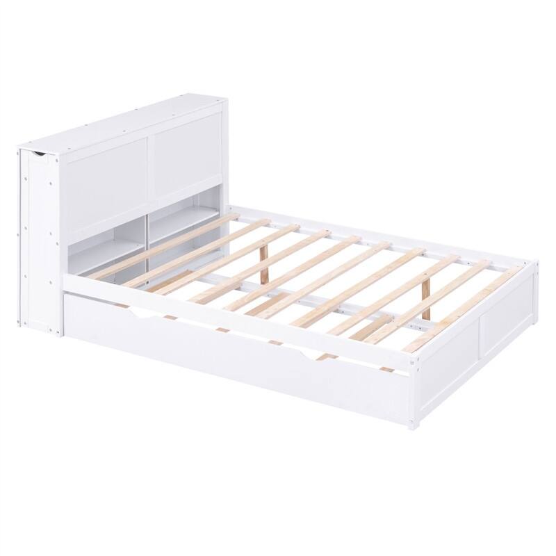 Wooden Storage Platform Bed with Bookcase Headboard, Full/Queen Bed Frame with Twin Size Trundle and Pull Out Shelves