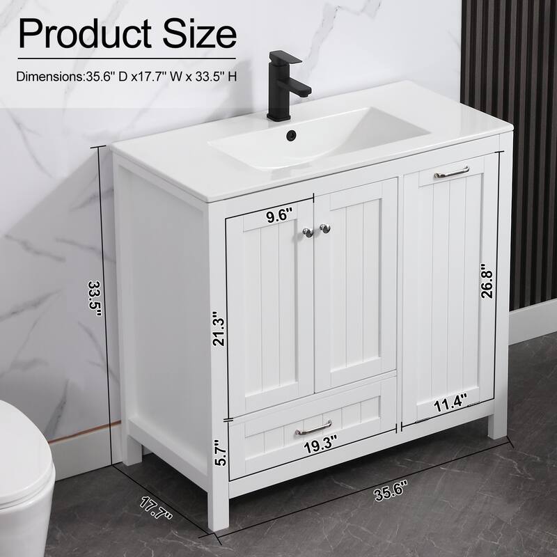 36" Bathroom Vanity Sink Combo with Laundry Hamper Ceramic Sink Storage Cabinet
