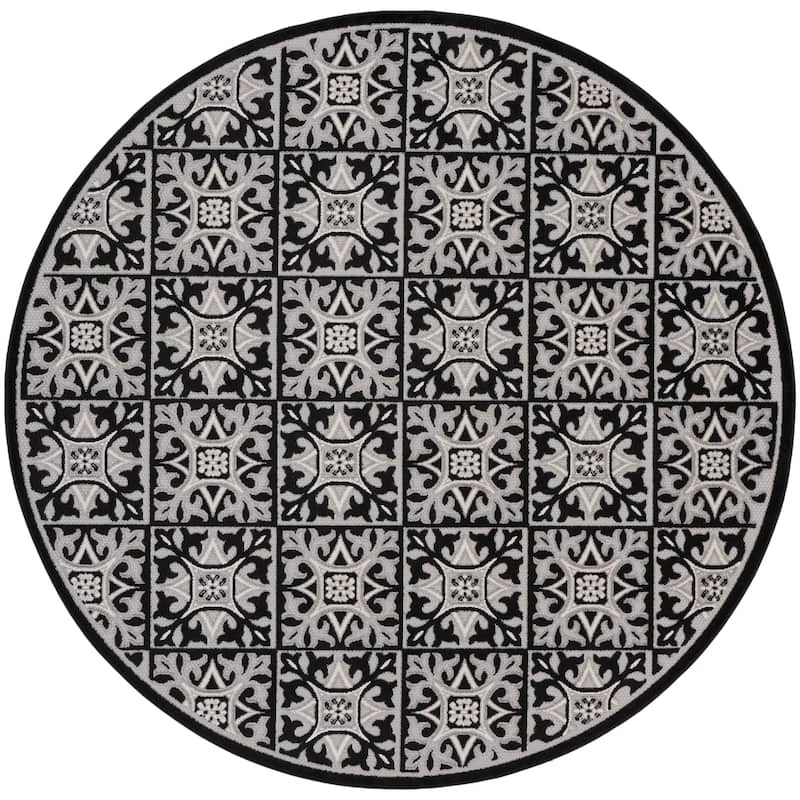 Nourison Aloha Indoor/outdoor Grey Geometric Area Rug - 7'10" x Round - Black/White