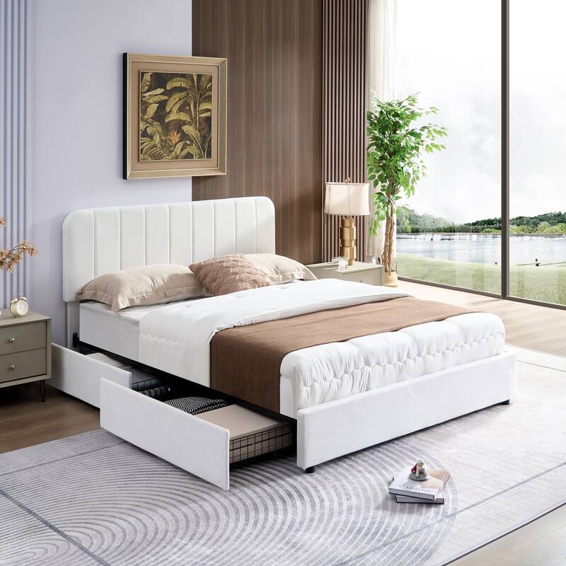 White Upholstered Platform Bed Frame with 4 Storage Drawers, Adjustable Velvet Rivets Headboard