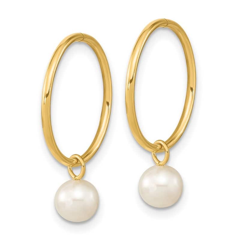 Curata 14k Yellow Gold 5-6mm Round White Freshwater Cultured Pearl Hoop Earrings (22.5x16.5mm)