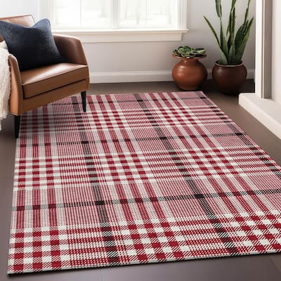 Machine Washable Indoor/ Outdoor Plaid Chantille Rug