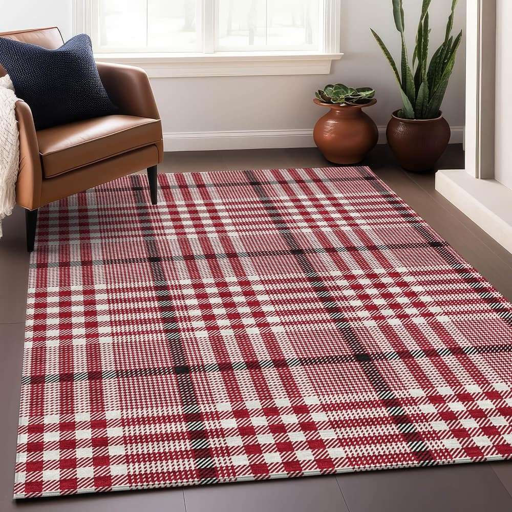 Machine Washable Indoor/ Outdoor Plaid Chantille Rug
