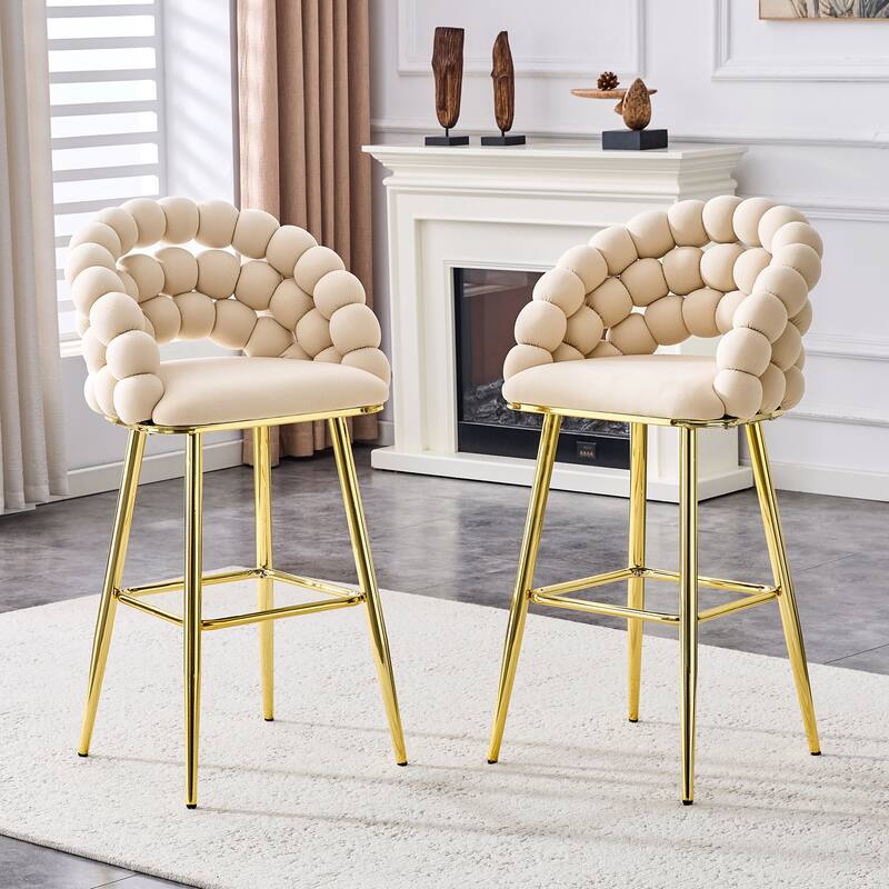 Set of 2 Puffy Bubble Chair Ball Chain Chair Velvet Bar Stools with Gold Legs, Modern Tufted Accent Bar Chairs