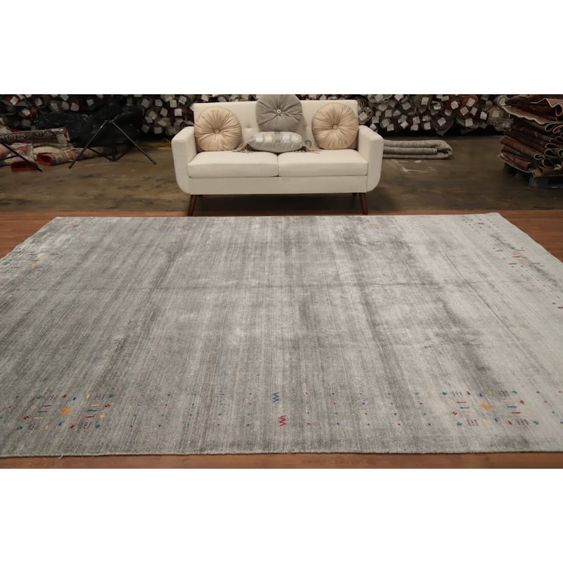 Hand Knotted Oriental Viscose Silk Carpet Tribal Animal Pictorial Greys & Charcoal Gabbeh Area Rug - 11' 9'' X 8' 11''
