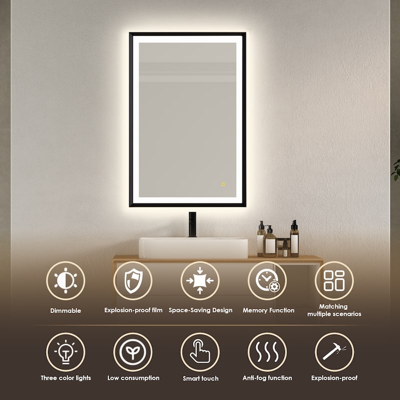 Apollo Rectangular Anti-Fog Dimmable Modern Bathroom/Vanity LED Lighted Wall Mirror in Matte Black Aluminum Framed