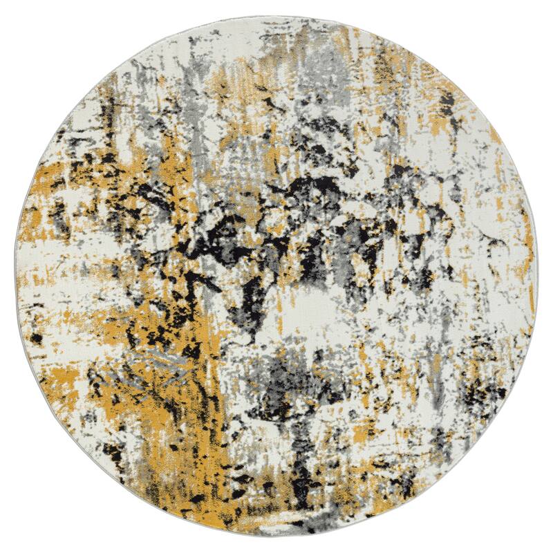 Samos Collection Abstract Area Rug - 6'11" Round - Grey/Yellow