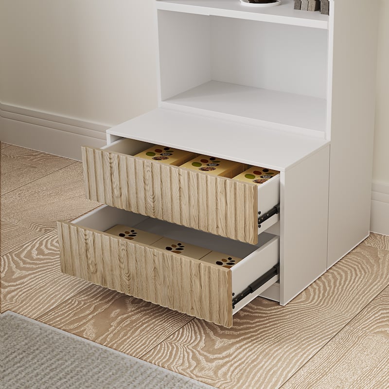 85.8'' Tall Bookcase with Movable Footstool and Open Shelves Storage Drawers