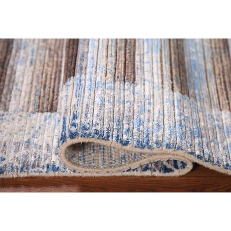 Striped Abstract Modern Accent Rug Hand-Knotted Wool Carpet - 4'1"x 5'10"