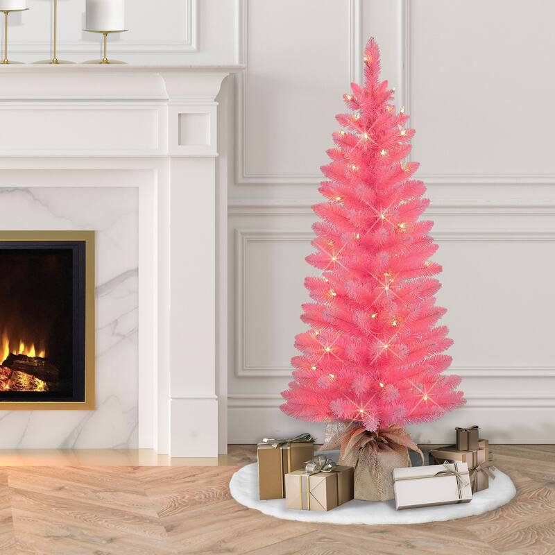Puleo International 4 ft Pre-Lit Pink Artificial Tree in Burlap Sac