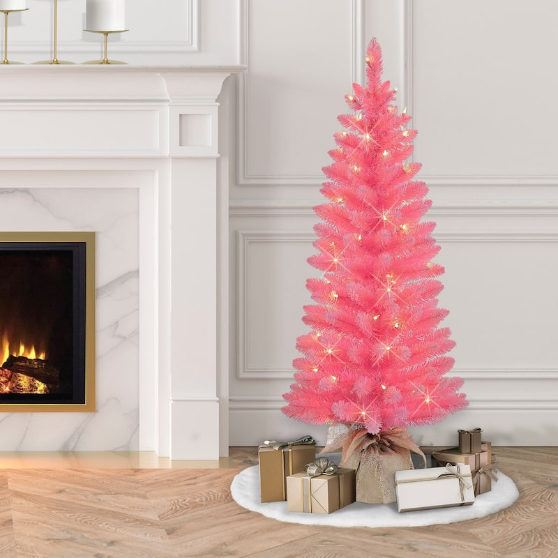 Puleo International 4 ft Pre-Lit Pink Artificial Tree in Burlap Sac - Pink