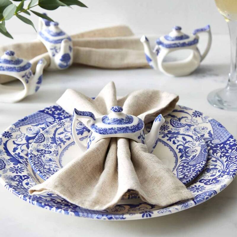 Spode Set of 4 Blue Italian Teapot Napkin Rings - 2.5"
