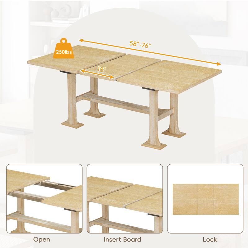 Farmhouse Style 6-Piece Extendable Dining Table Set with Removable Leaf and 4 Upholstered Chair and Bench