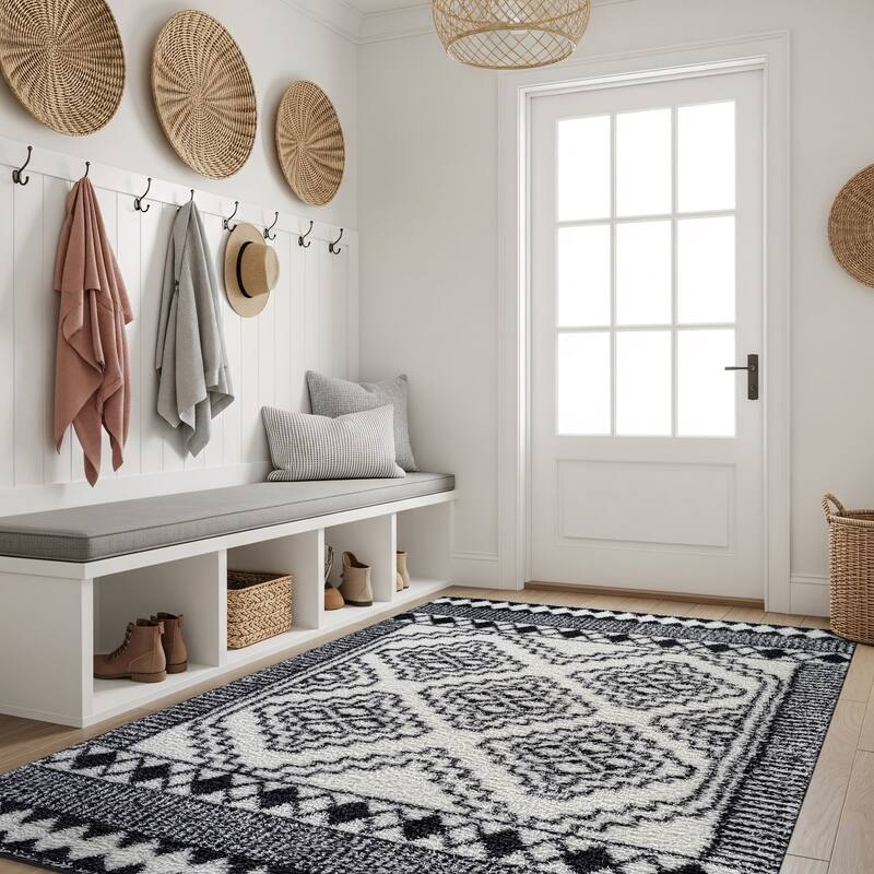 Geometric Shag Rug - Anthracite Dark Gray - Durable Rug for Living Room, Bedroom, or Entryway - Easy to Maintain - White - 4' x 6'